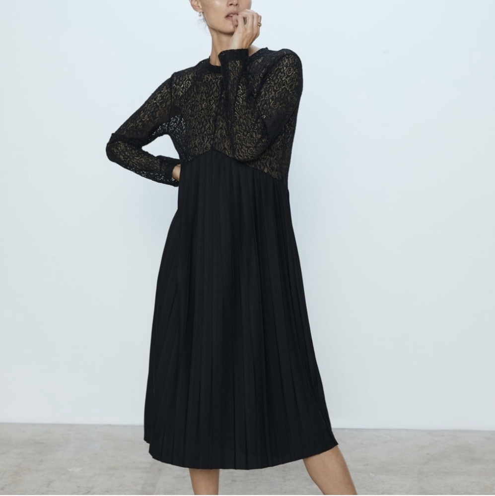 Zara lace pleated‎ black dress high neck long sleeve women's size M